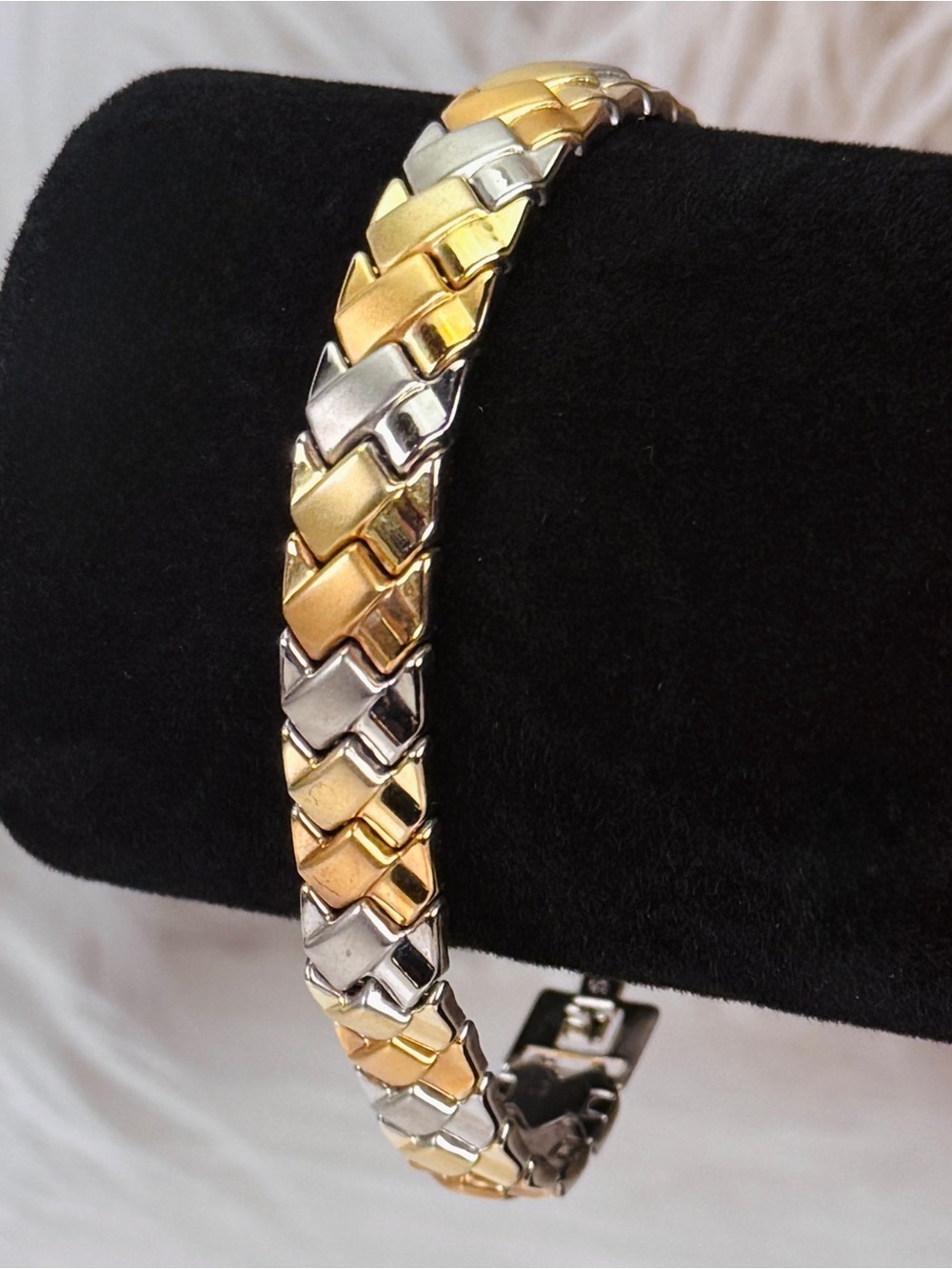 Aged Goldtone bronzetone Silvertone Chevron pattern, stainless steel bracelet